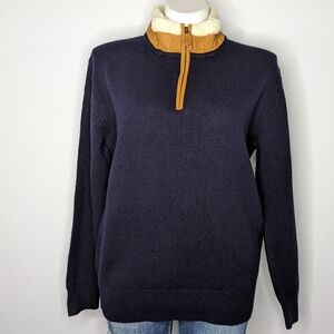 Orvis blue tan lambswool & leather 1/4 zip long sleeve pullover sweater L/XL